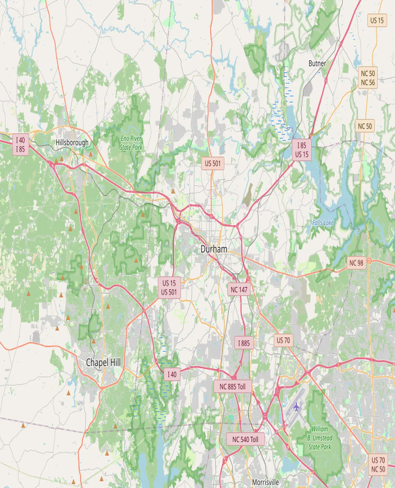 Map of the Durham, North Carolina area